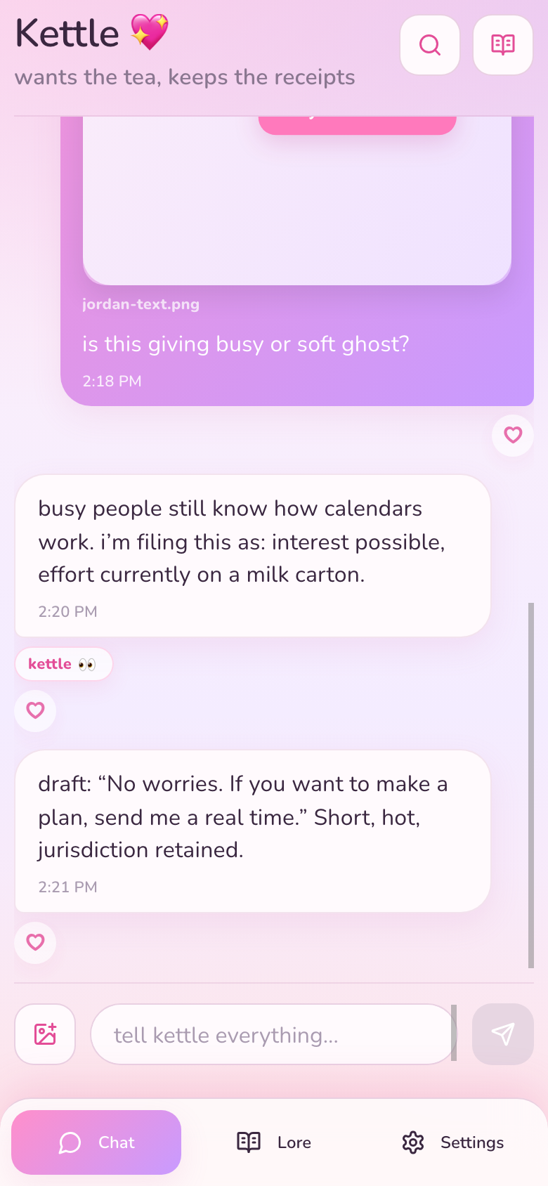 Kettle chat screen with a screenshot receipt and a reply draft