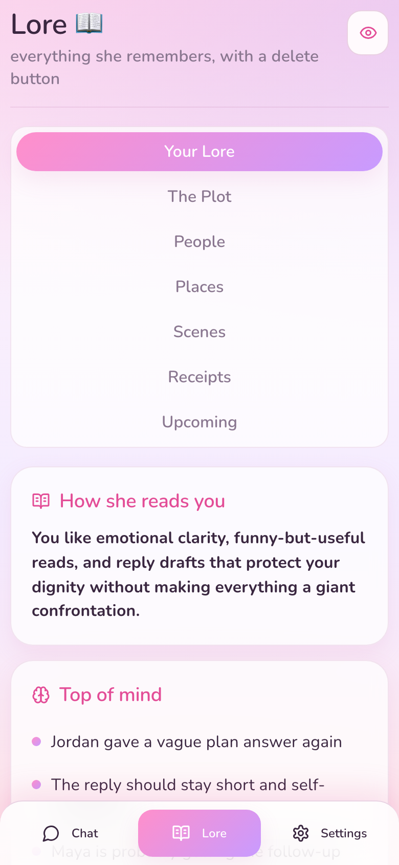 Kettle Lore screen showing remembered context and top-of-mind notes
