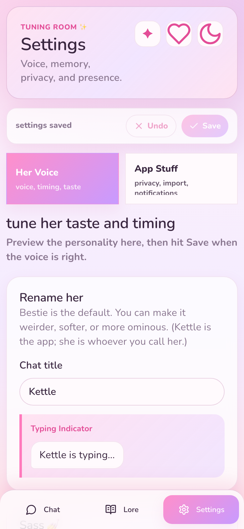 Kettle Settings screen for tuning the assistant voice and presence